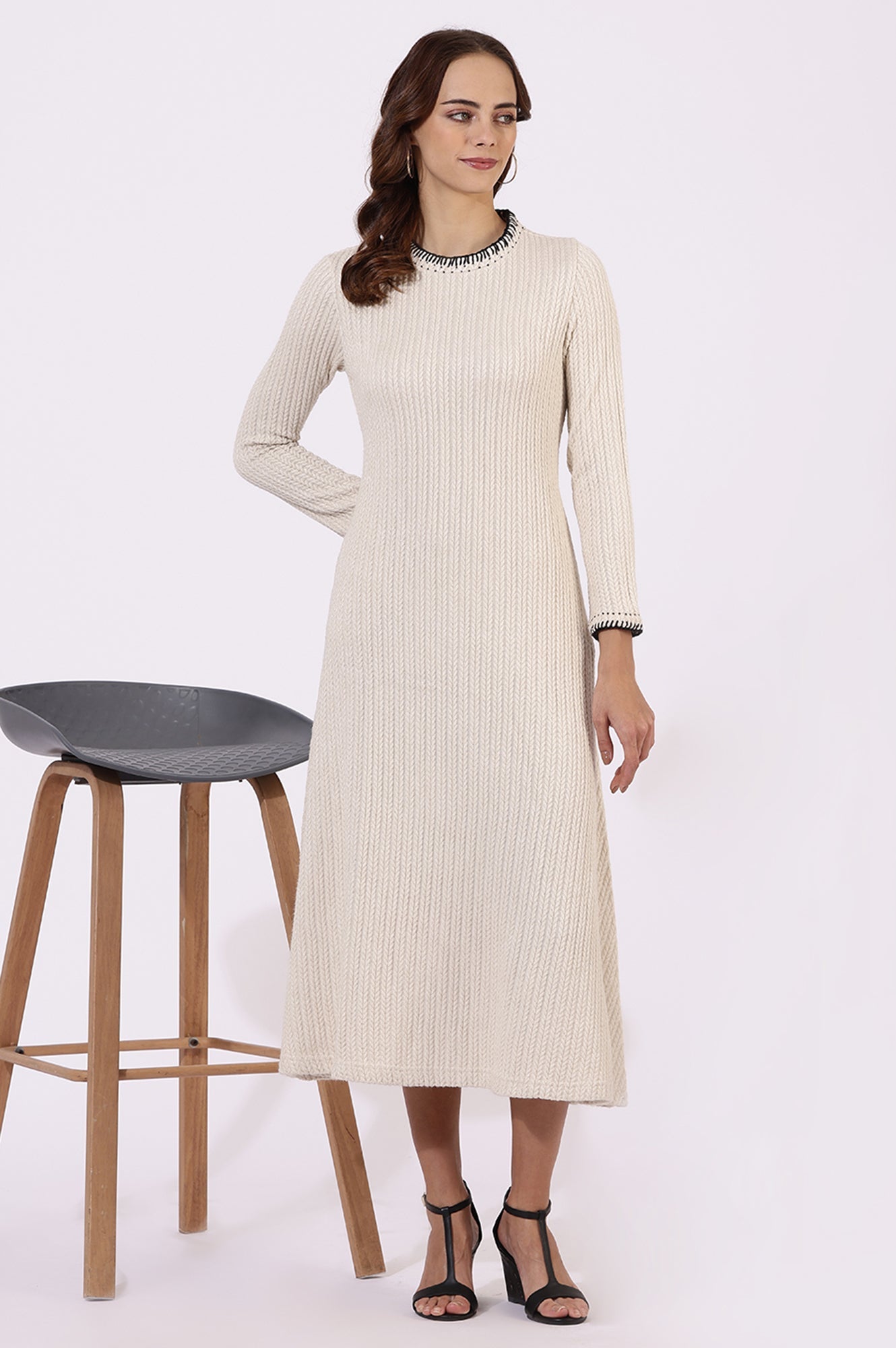 White Yarn Dyed Rayon Flarred Dresses