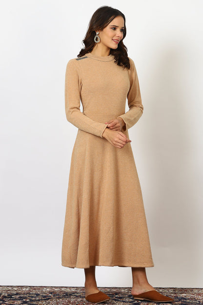 Brown Solid Metallic Hardware Flarred Dresses