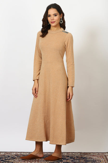 Brown Solid Metallic Hardware Flarred Dresses