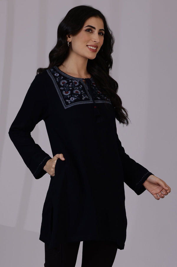 Blue Solid Thread Work Acrylic Straight Tunic