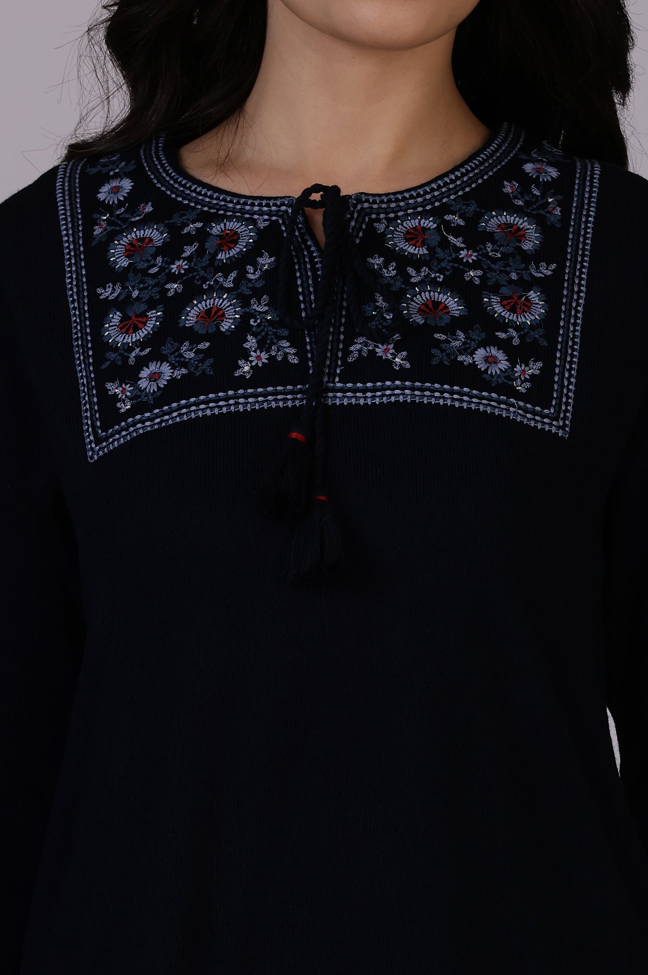 Blue Solid Thread Work Acrylic Straight Westernwear