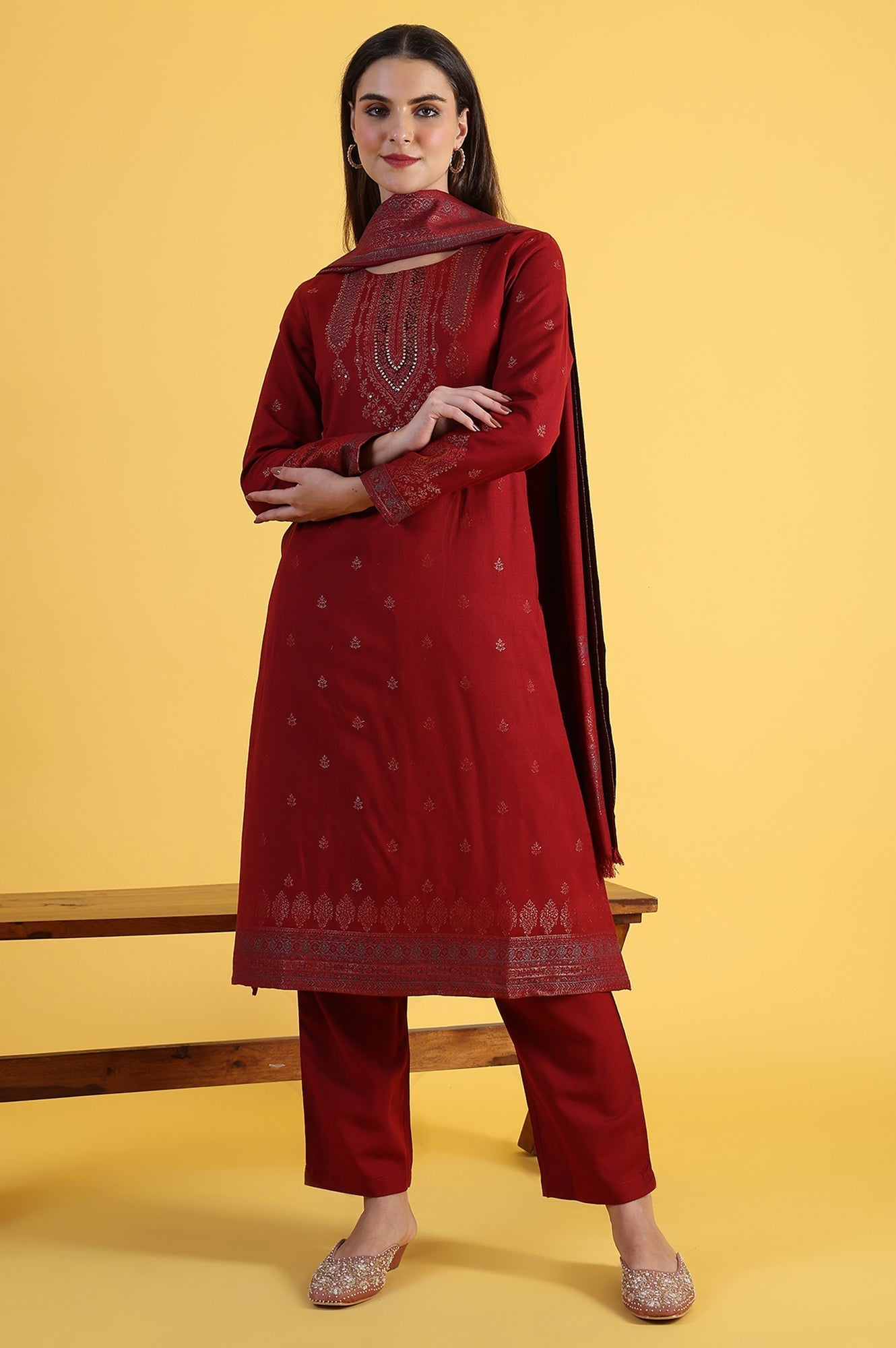Red Yarn Dyed Sequins A-Line Kurta &amp; Straight pant with Dupatta Set_1