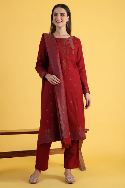 Red Yarn Dyed Sequins A-Line Kurta &amp; Straight pant with Dupatta Set_2