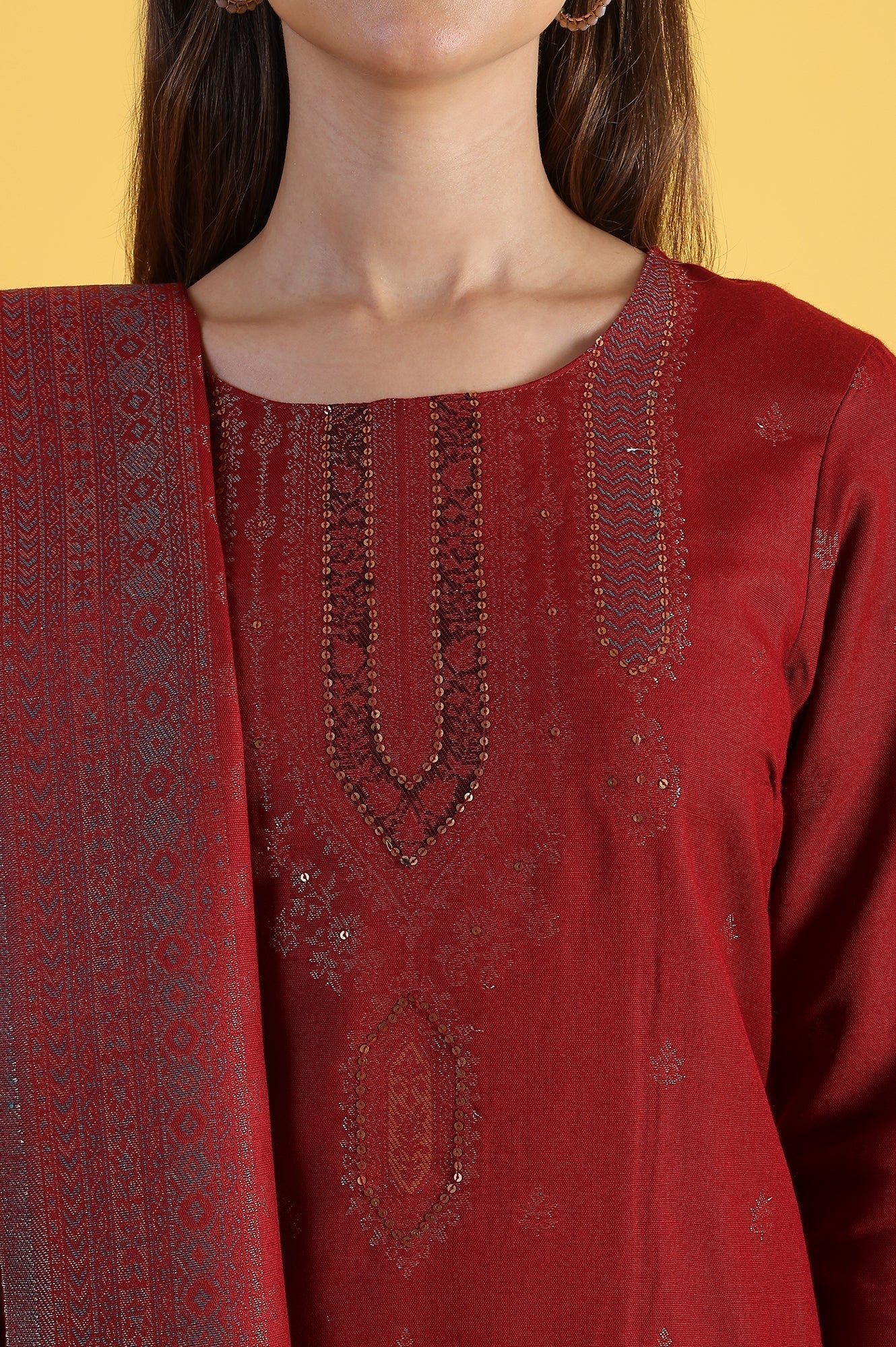 Red Yarn Dyed Sequins A-Line Kurta &amp; Straight pant with Dupatta Set_3