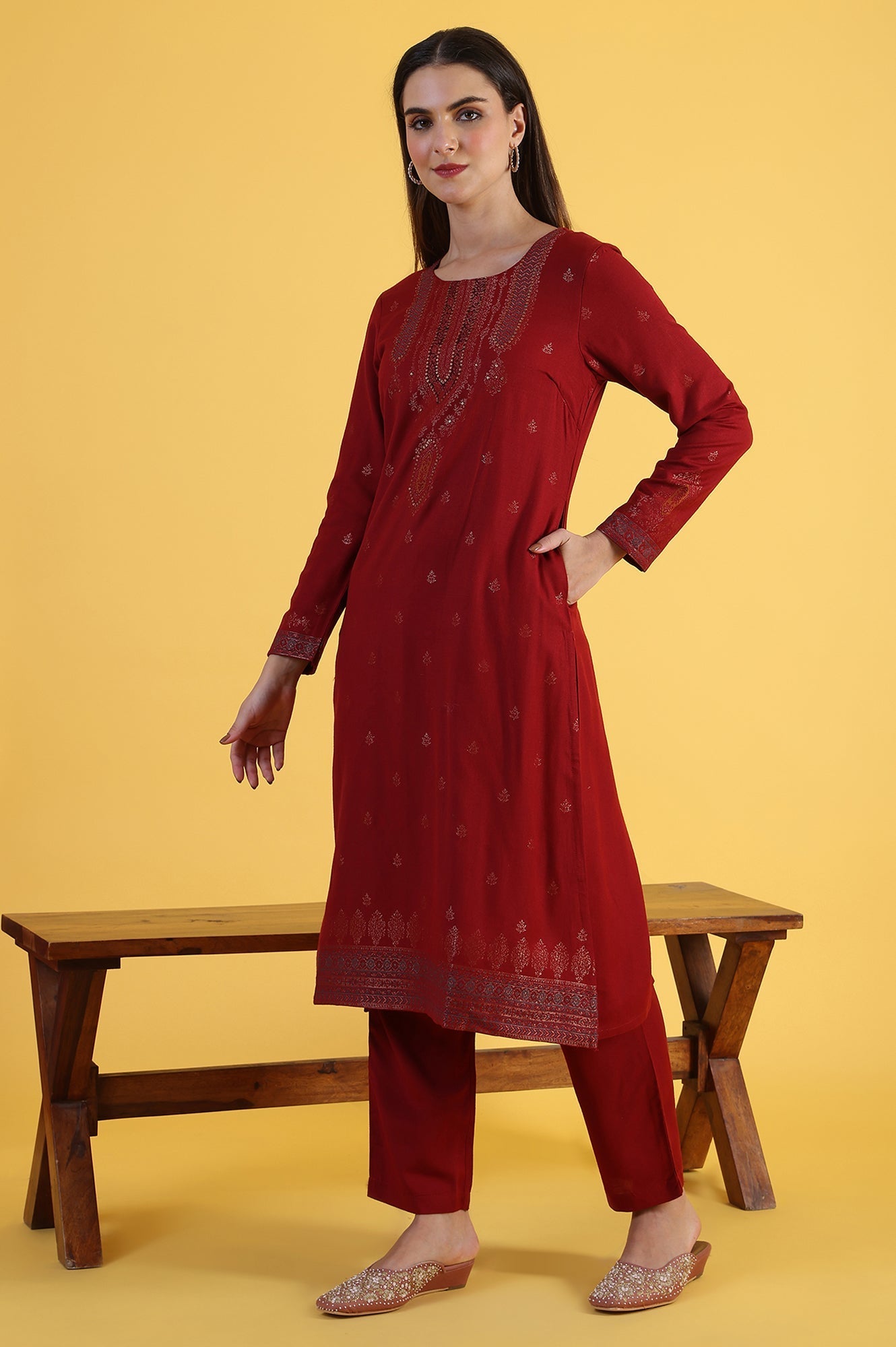 Red Yarn Dyed Sequins A-Line Kurta &amp; Straight pant with Dupatta Set_4