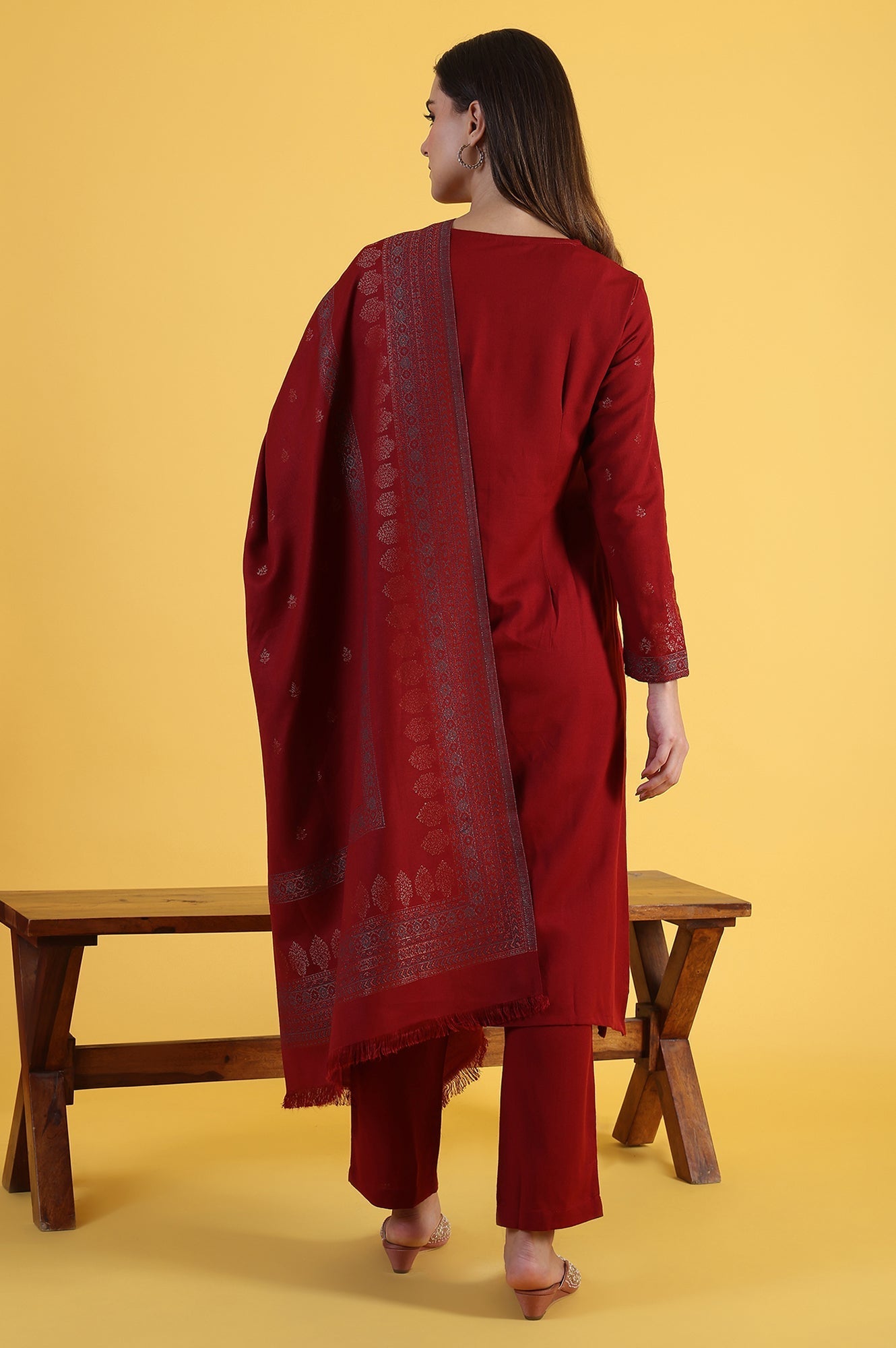 Red Yarn Dyed Sequins A-Line Kurta &amp; Straight pant with Dupatta Set_5