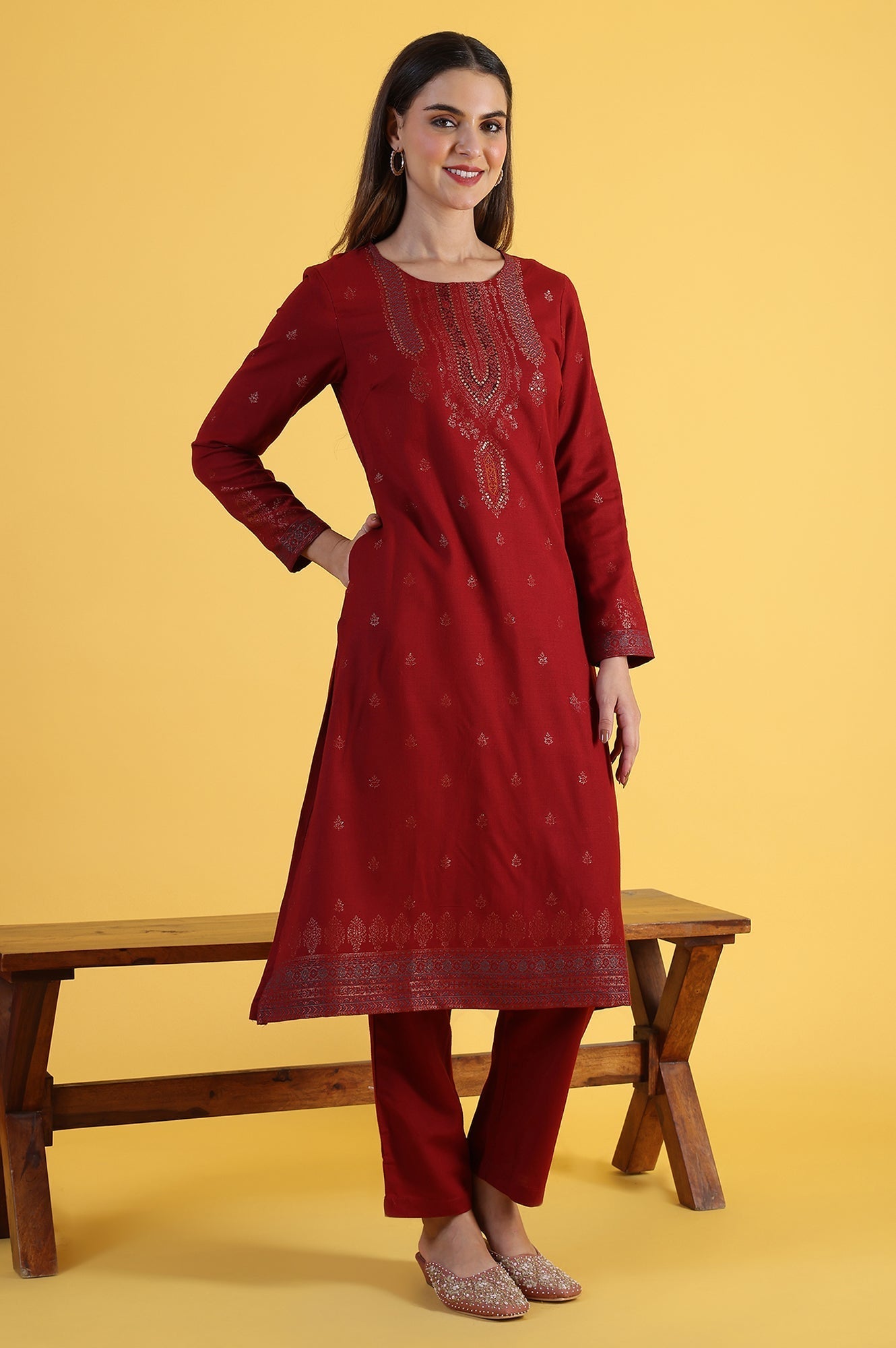 Red Yarn Dyed Sequins A-Line Kurta &amp; Straight pant with Dupatta Set_6