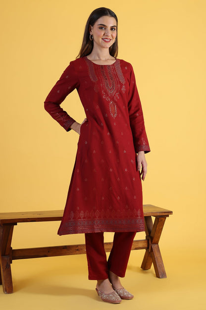 Red Yarn Dyed Sequins A-Line Kurta &amp; Straight pant with Dupatta Set_6