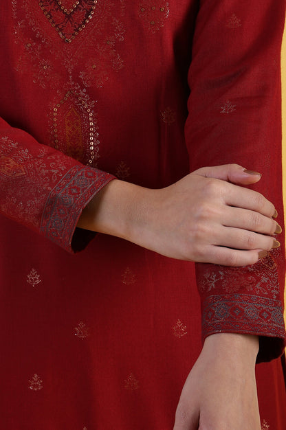 Red Yarn Dyed Sequins A-Line Kurta &amp; Straight pant with Dupatta Set_7