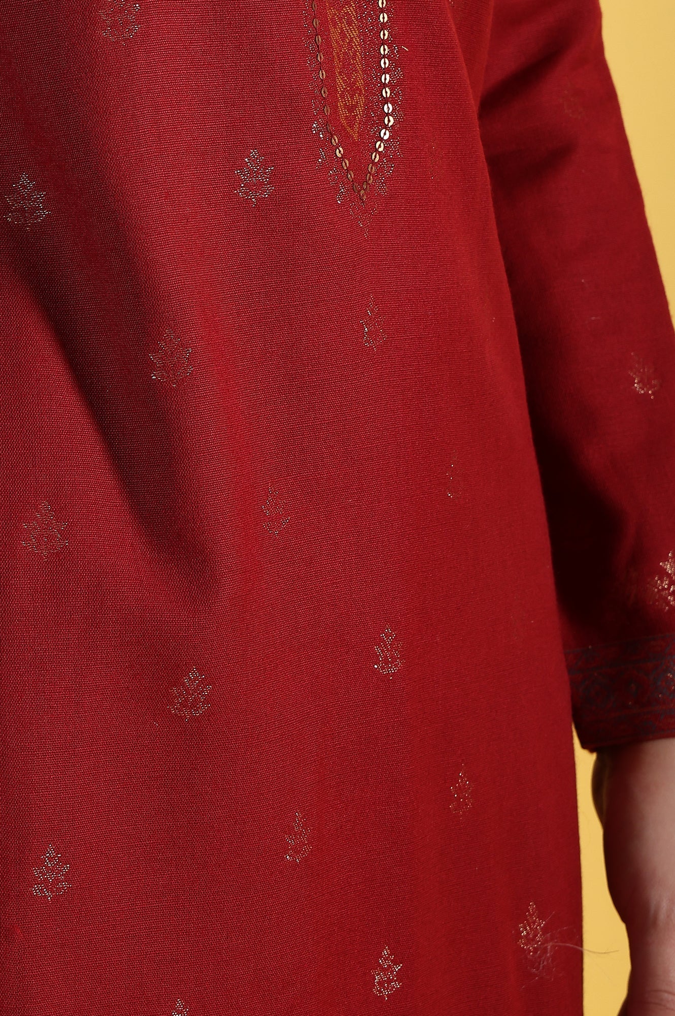 Red Yarn Dyed Sequins A-Line Kurta &amp; Straight pant with Dupatta Set_9