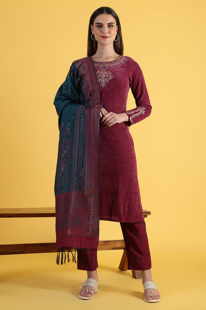 Maroon Solid Metallic Embroidery Straight Kurta &amp; Straight pant with Dupatta Set