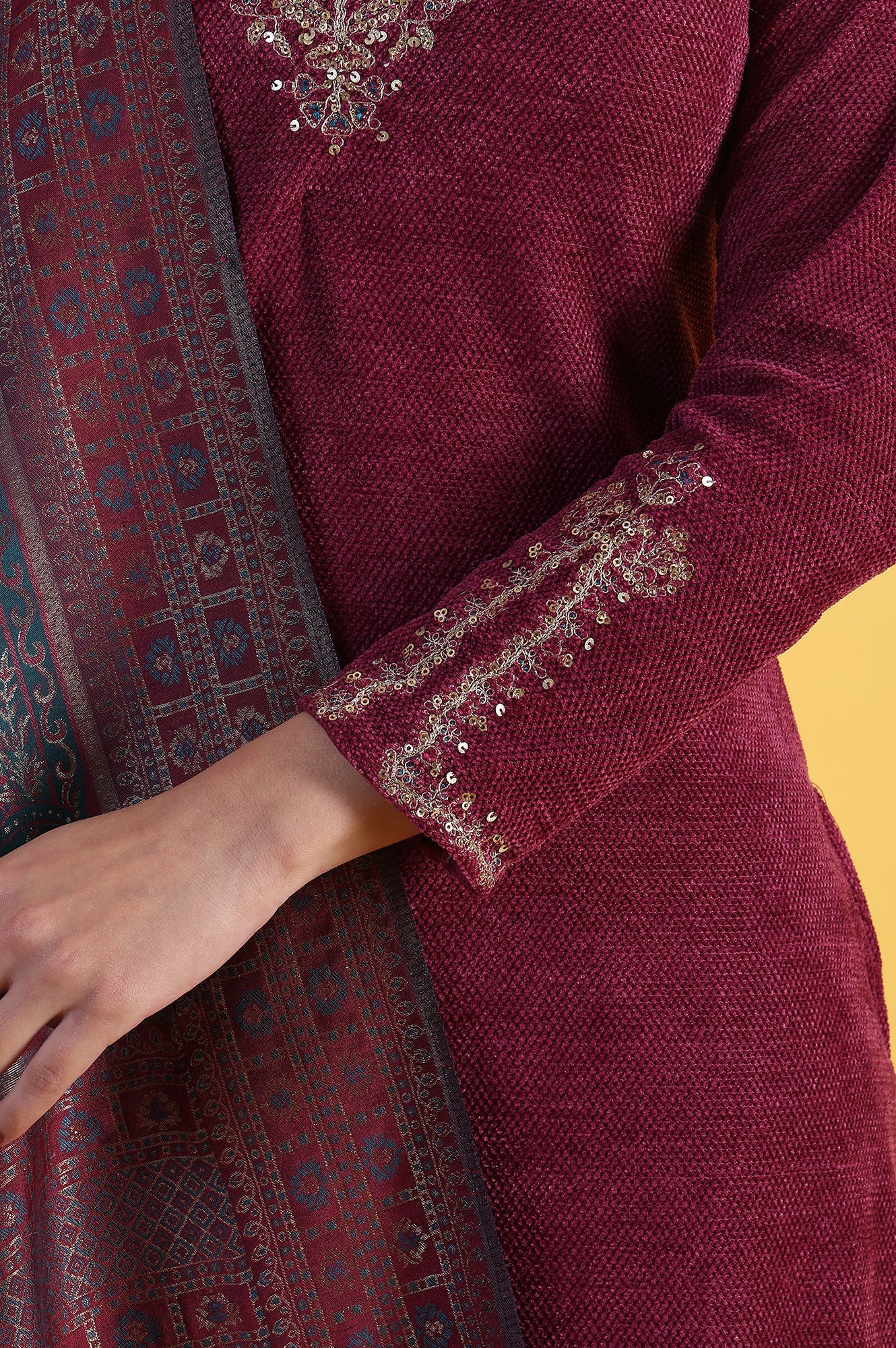 Maroon Solid Metallic Embroidery Straight Kurta &amp; Straight pant with Dupatta Set