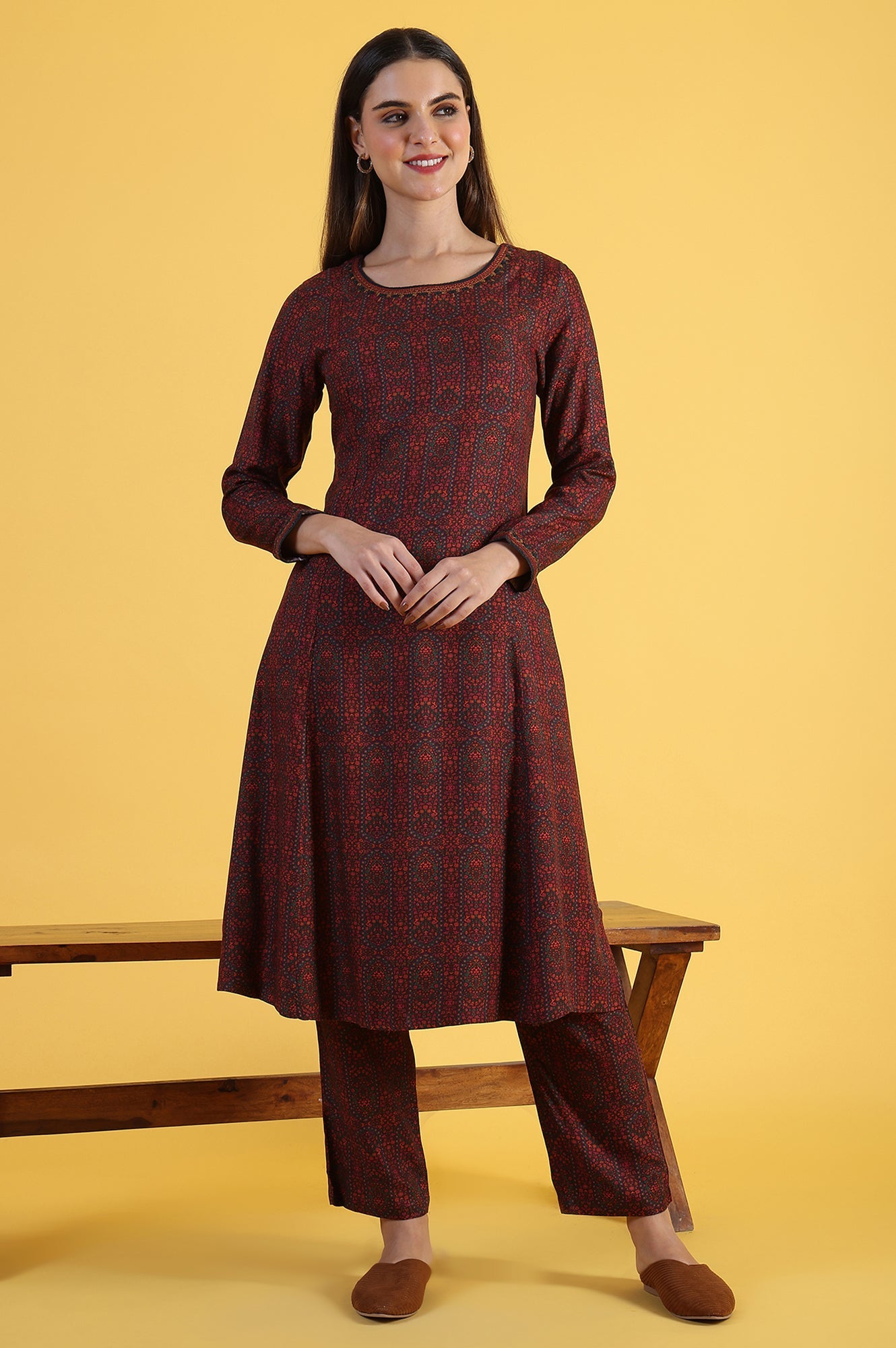 Maroon Printed A-Line Kurta &amp; Straight pant Set