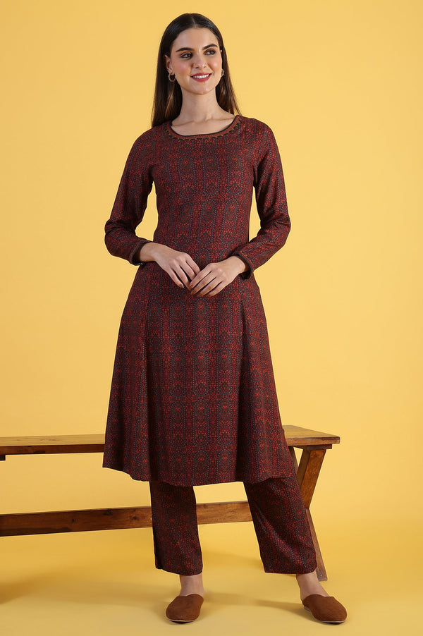 Maroon Printed A-Line Kurta & Straight pant Set