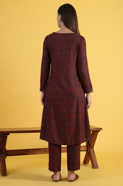 Maroon Printed A-Line Kurta &amp; Straight pant Set