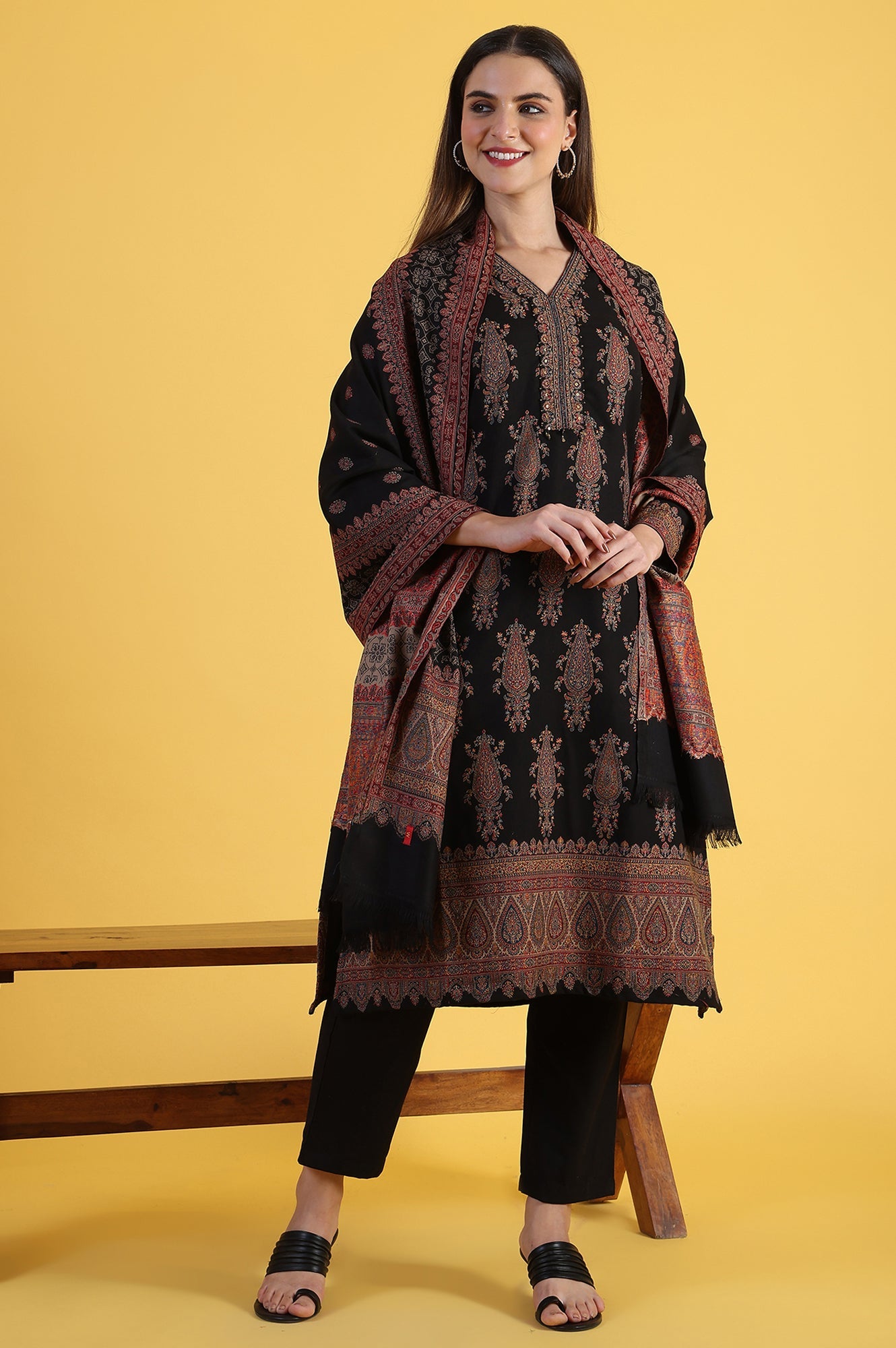 Black Yarn Dyed Sequins Straight Kurta &amp; Straight pant with Dupatta Set