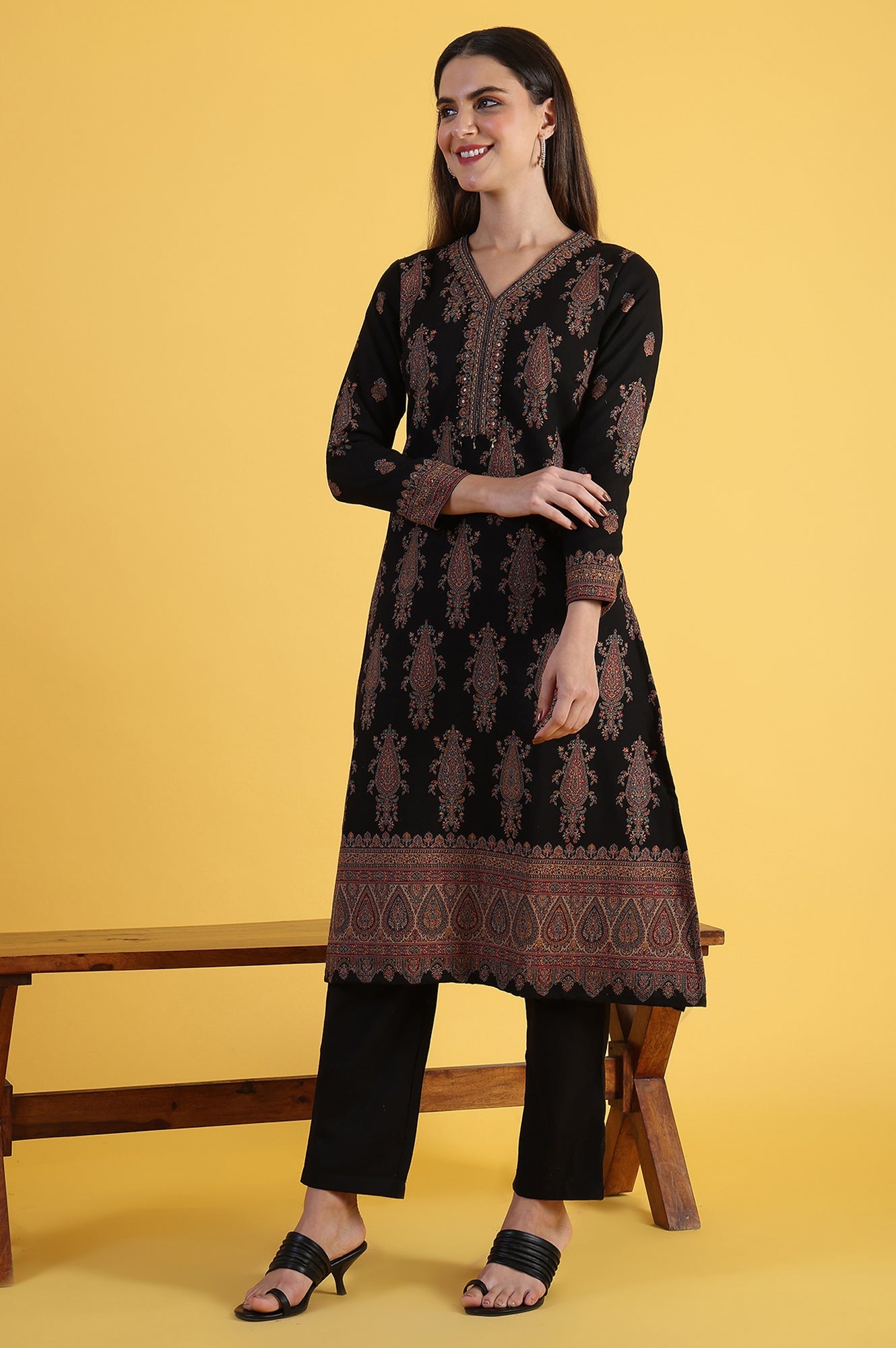 Black Yarn Dyed Sequins Straight Kurta &amp; Straight pant with Dupatta Set