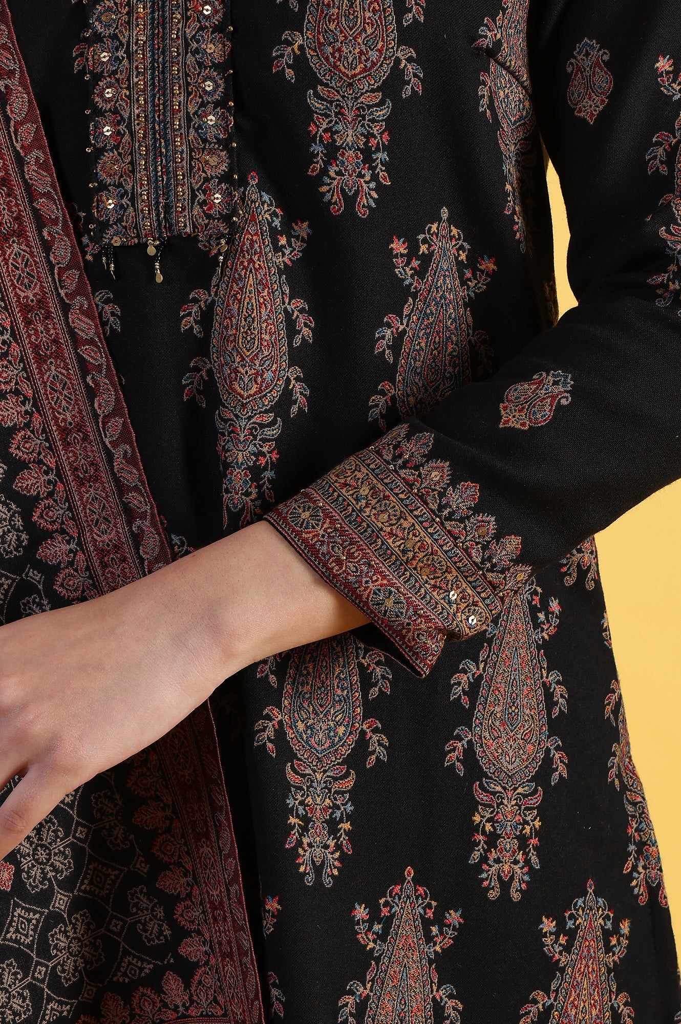 Black Yarn Dyed Sequins Straight Kurta &amp; Straight pant with Dupatta Set