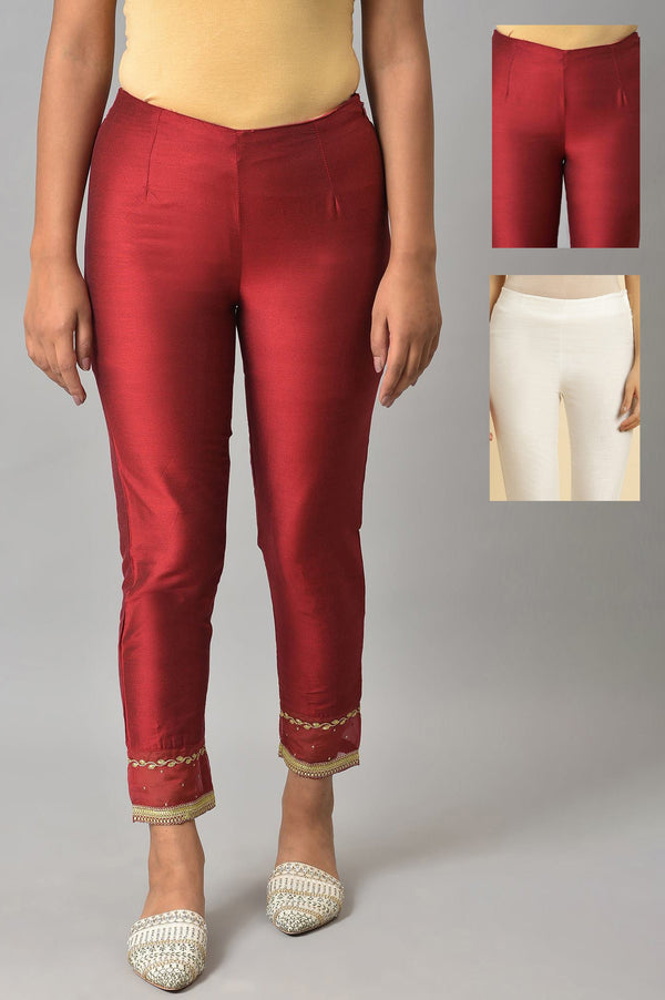 Embroidered Red And White Slim Pants Combo
