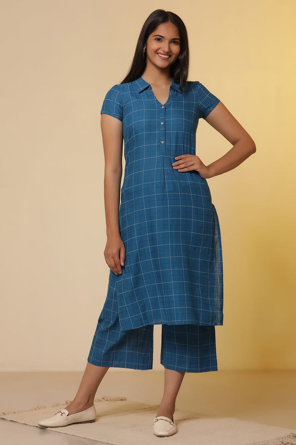Blue Checker Cotton Shirt Kurta and Culottes Set