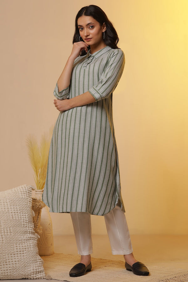 Aurelia Green Stripe Printed Shirt Collar Kurta and Trousers Set