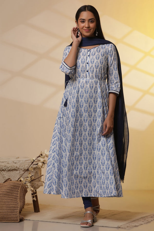 Aurelia White Floral Printed Pure Cotton Flared Kurta, Tights and Dupatta Set