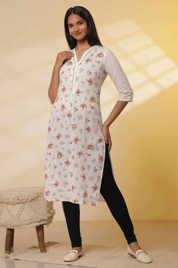 White Textured Cotton Floral Printed Kurta and Denim Jeggings Set