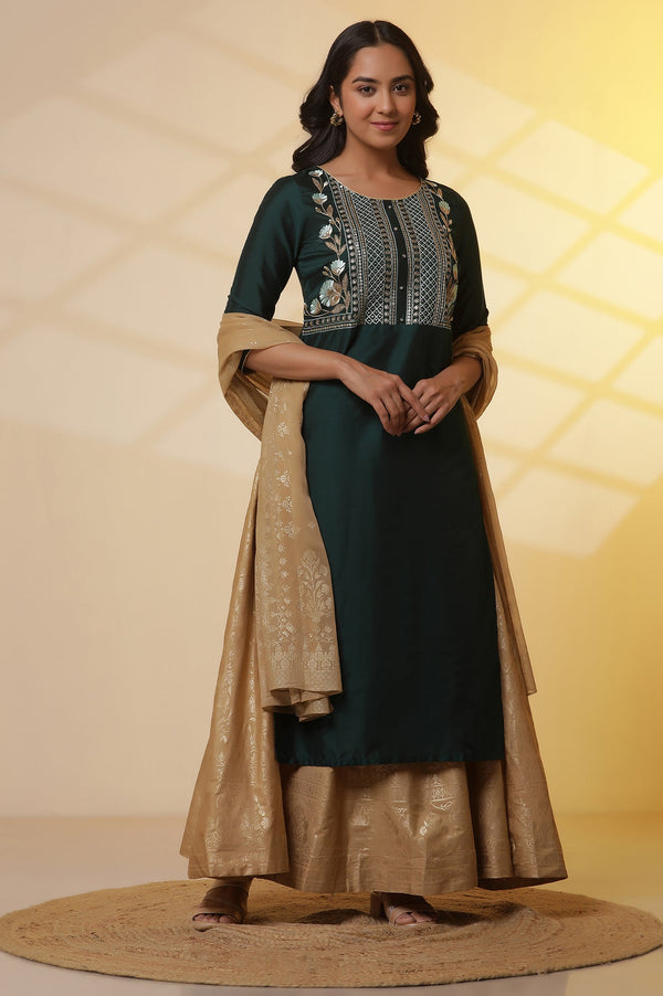 Dark Green Embroidered Yoke Kurta, Flared Skirta and Dupatta Set