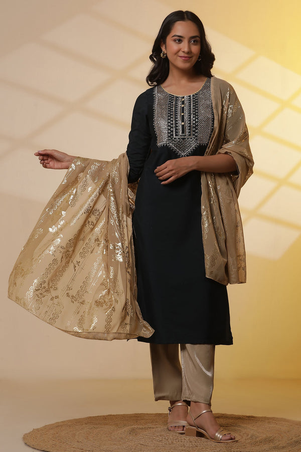 Aurelia Navy Blue Embroidered Yoke Kurta, Gold Narrow Palazzo and Dupatta Set
