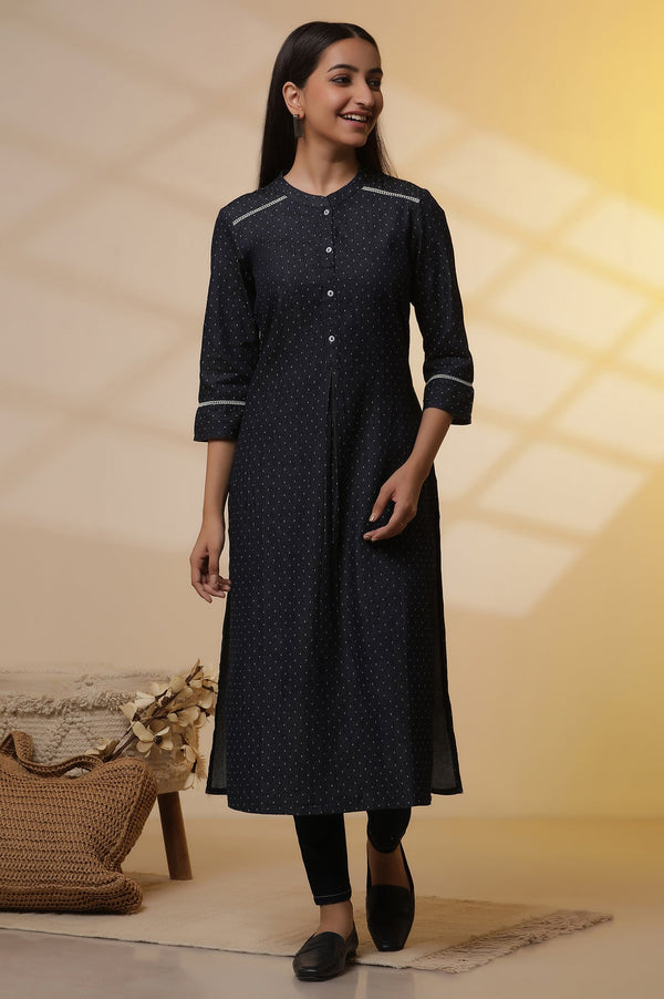 Blue Denim Textured Kurta and Denim Jegging Set