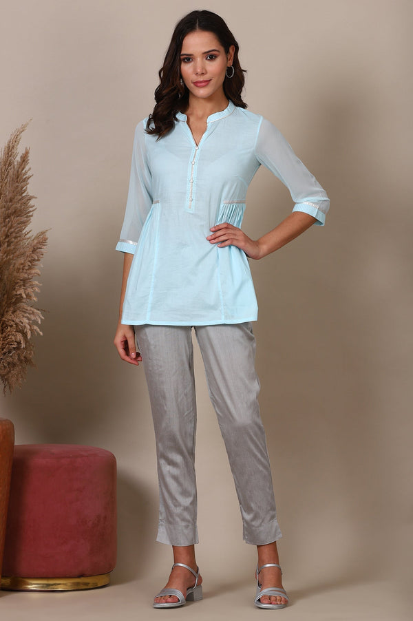 Blue A-line Pure Cotton Top and Trousers Set