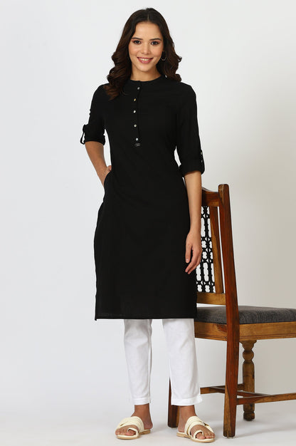 Black Solid Straight Cotton Kurta