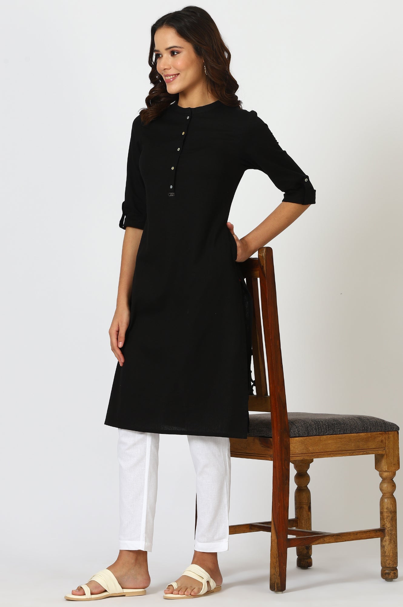 Black Solid Straight Cotton Kurta