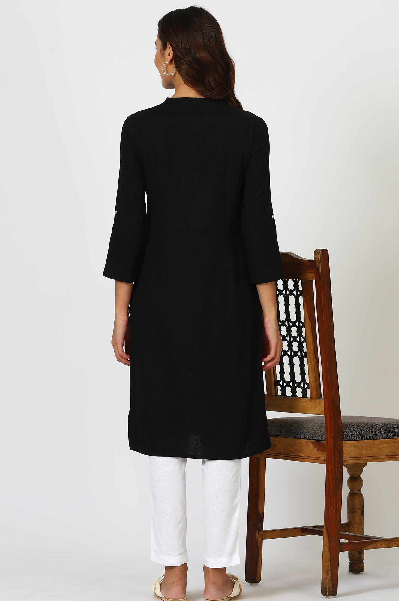 Black Solid Straight Cotton Kurta