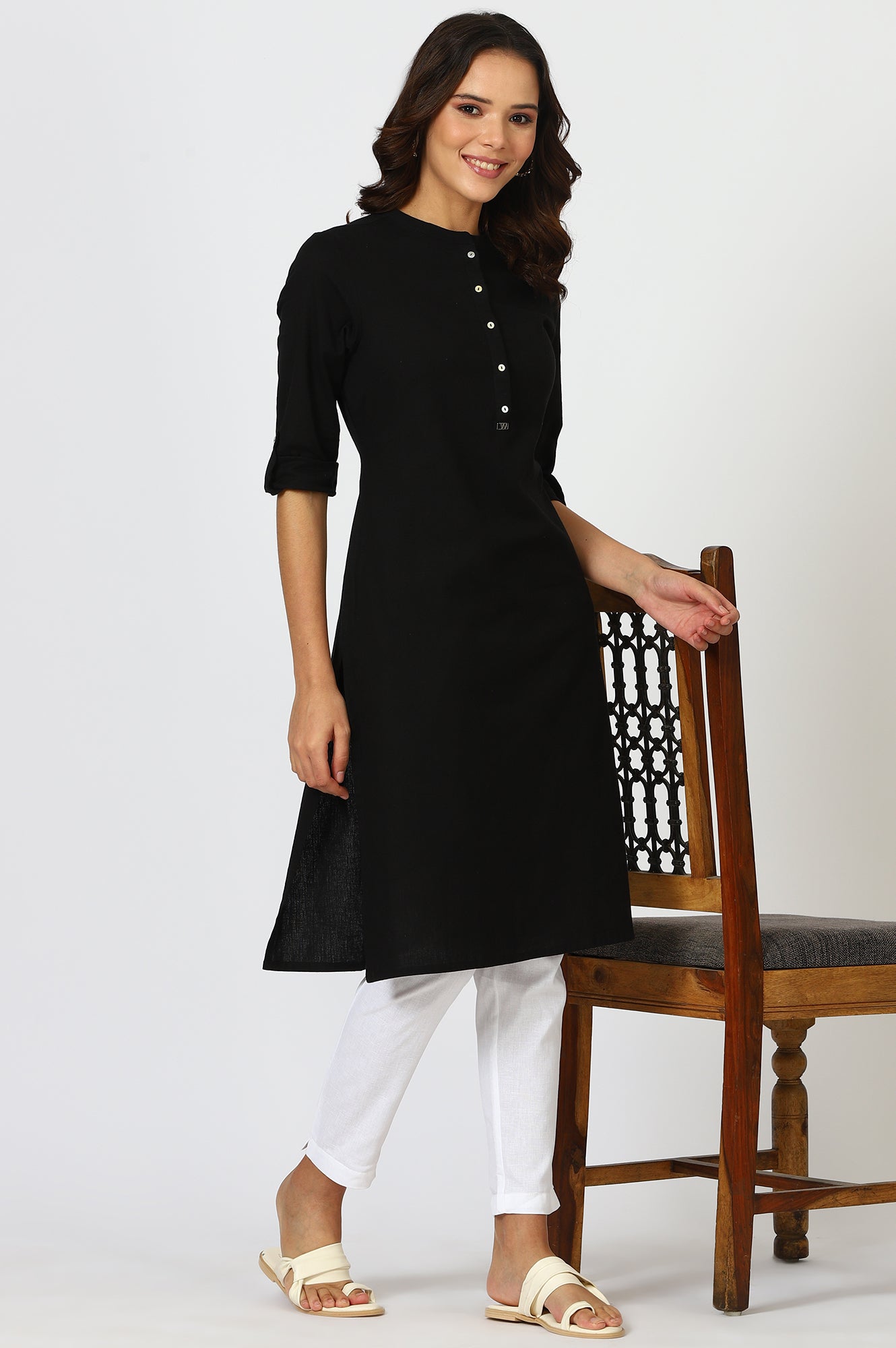 Black Solid Straight Cotton Kurta
