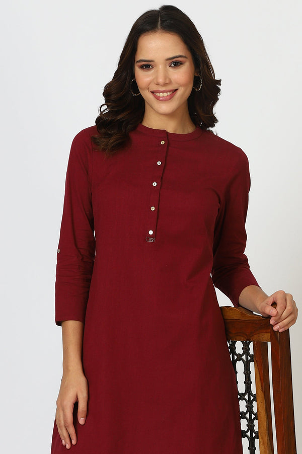 Maroon Solid Straight Cotton Kurta