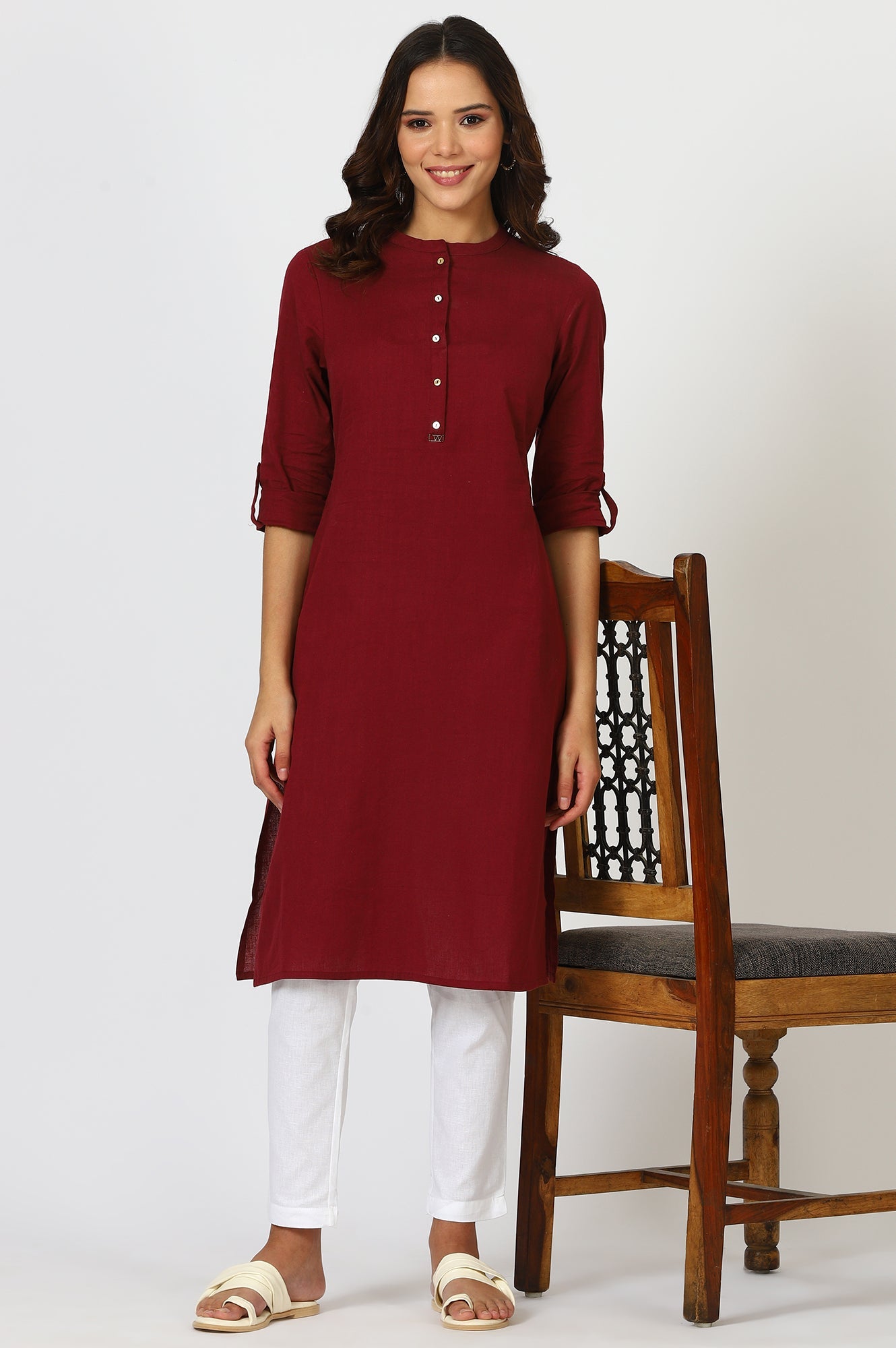Maroon Solid Straight Cotton Kurta