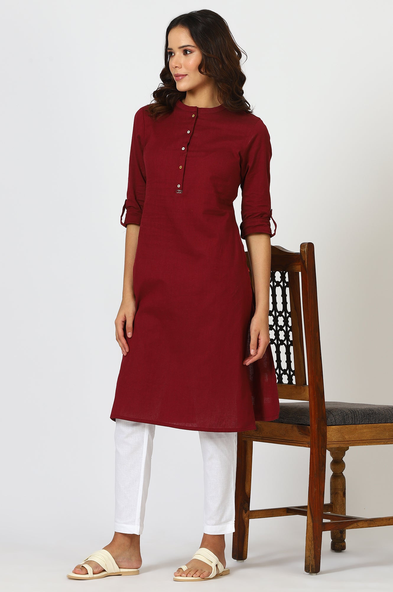 Maroon Solid Straight Cotton Kurta