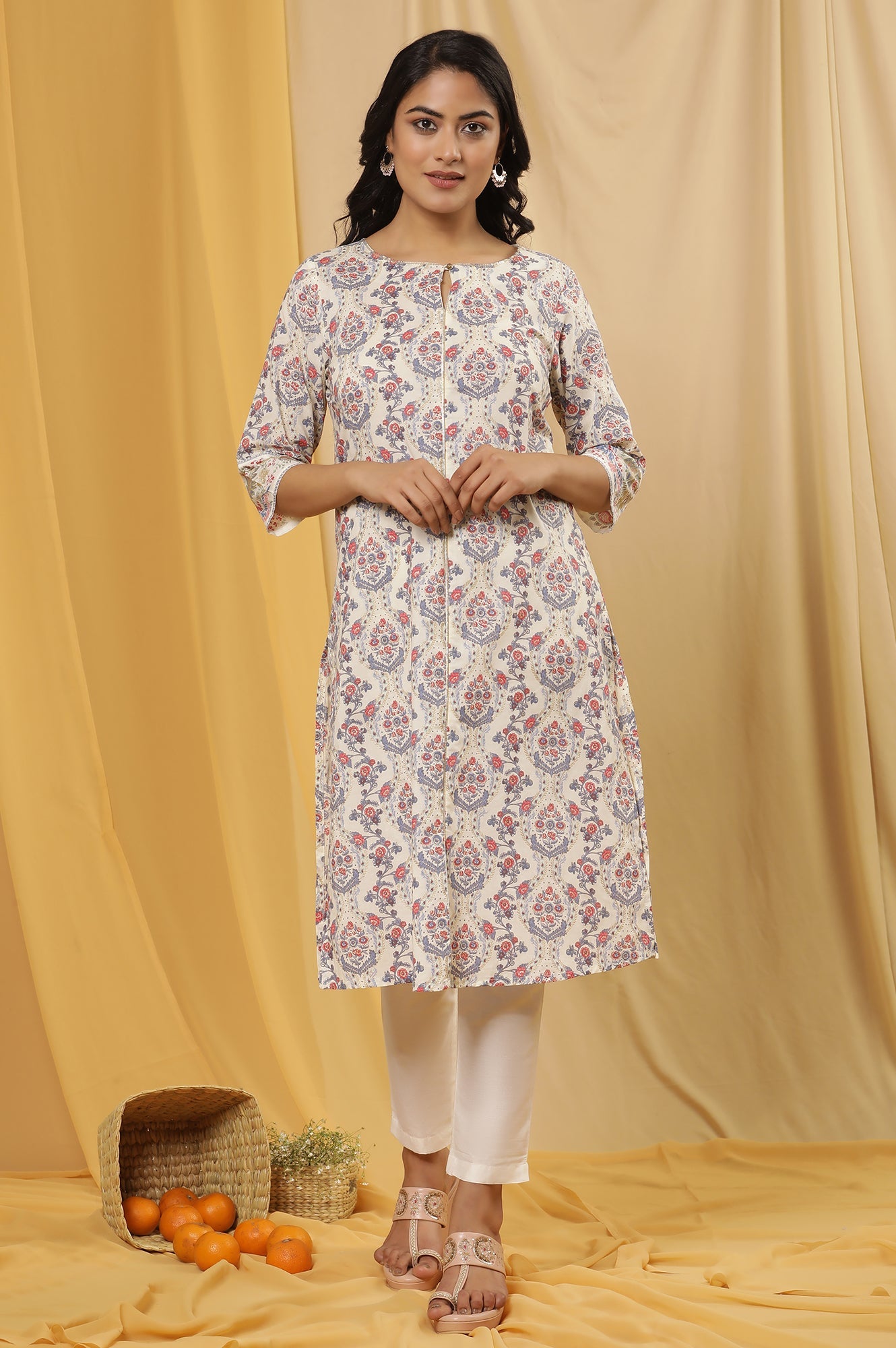White Printed Straight Kurta And Pants Set