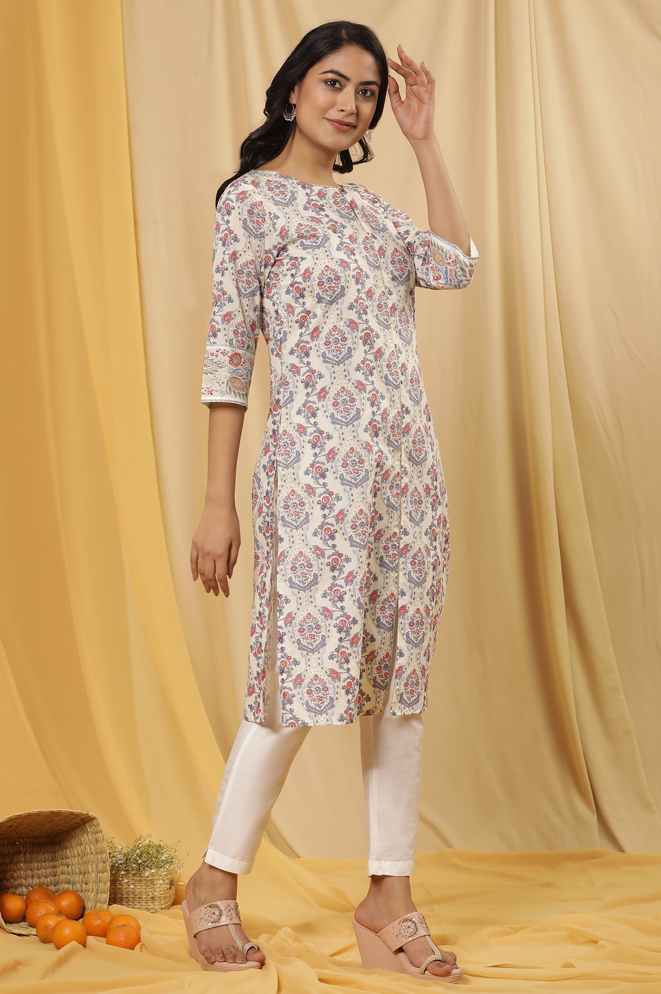 White Printed Straight Kurta And Pants Set
