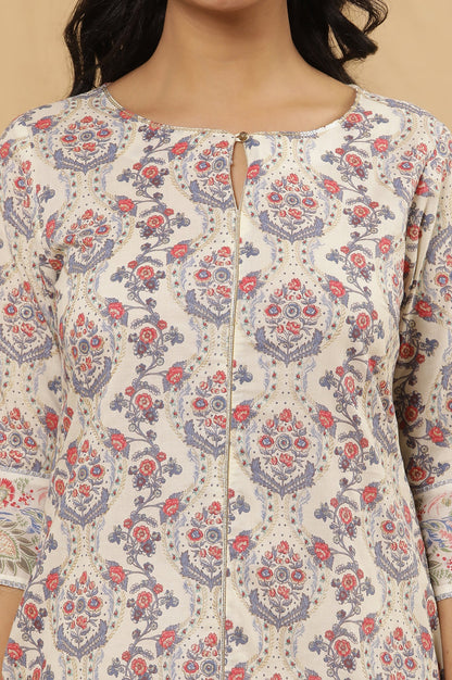 White Printed Straight Kurta And Pants Set