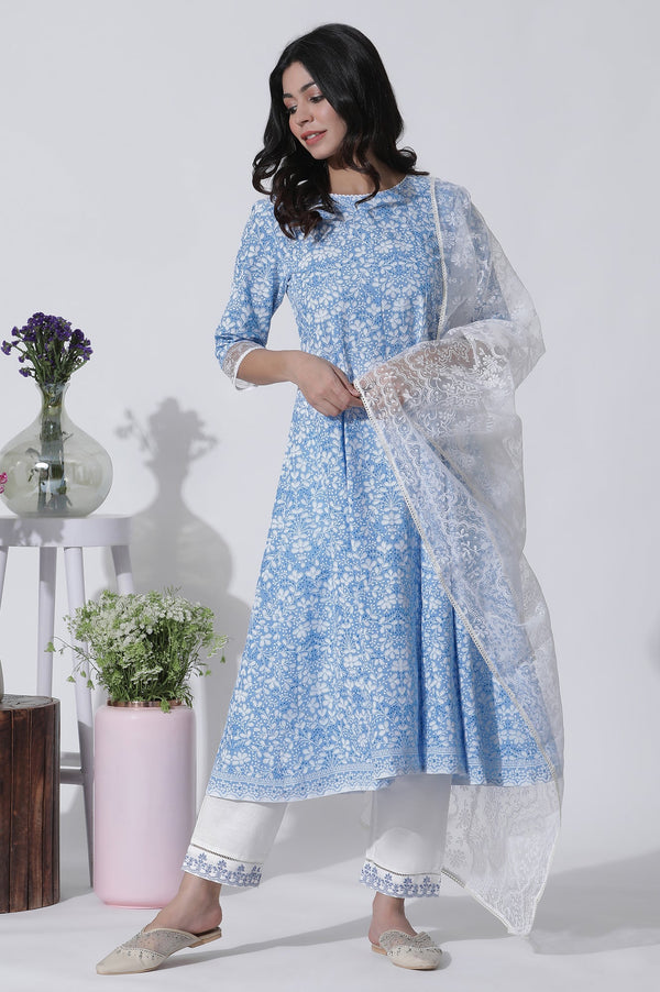Light Blue Floral Printed Flared Kurta, Straight Pants And Dupatta Set