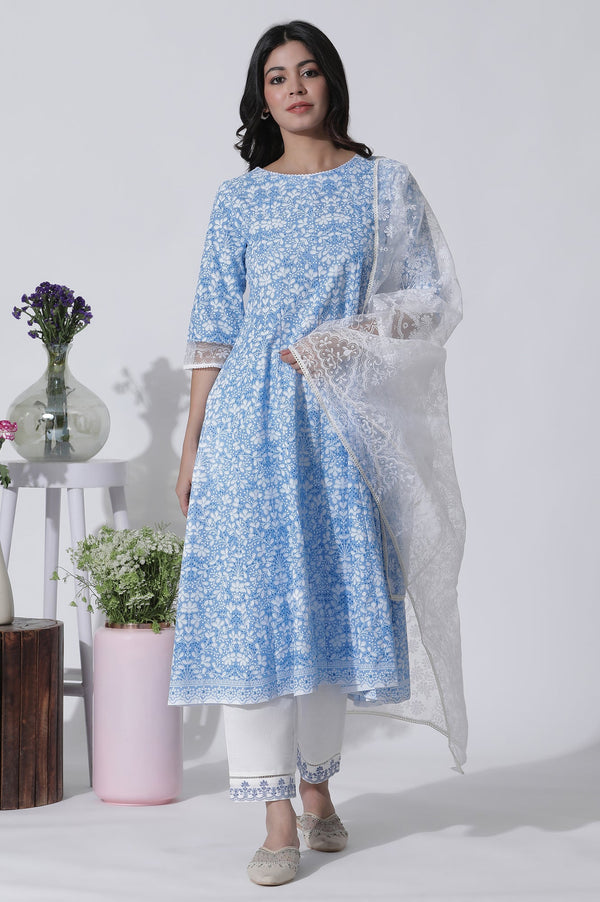 Light Blue Floral Printed Flared Kurta, Straight Pants And Dupatta Set