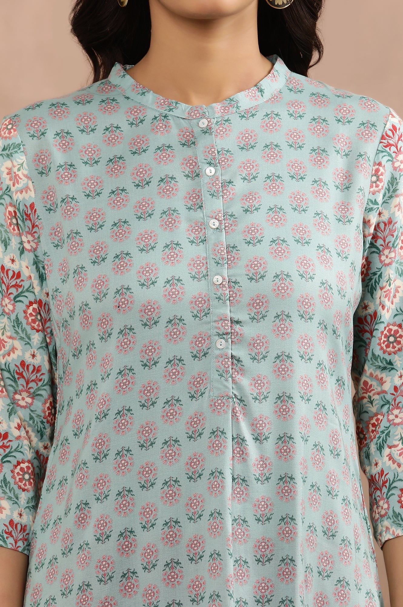 Blue Button Down Printed Kurta And Tights Set