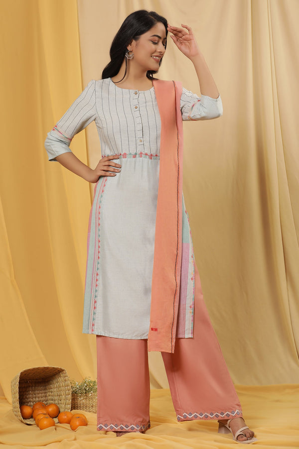 Pale Blue Cotton Dobby Kurta, Parallel Pants And Dupatta Set