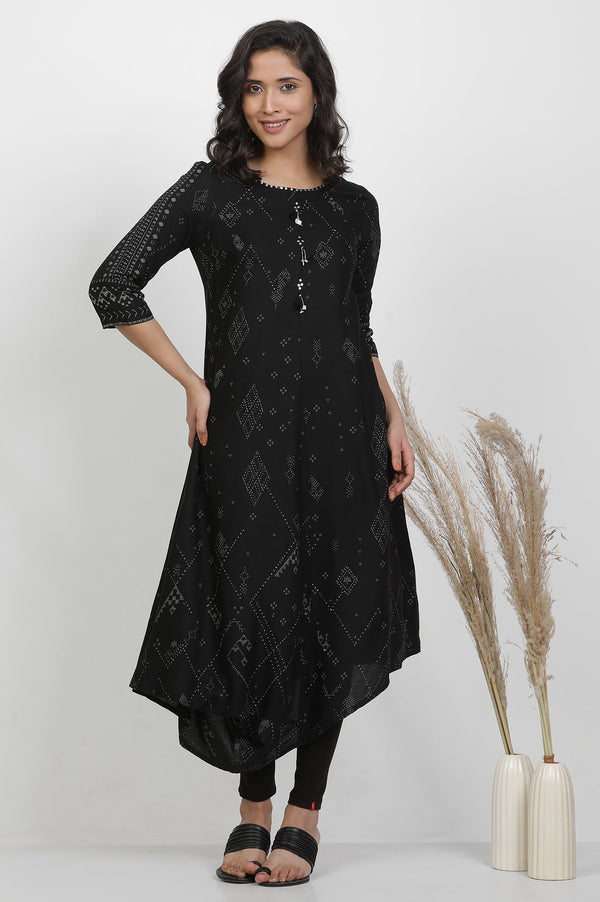 Black Printed Kurta With Cowl Hemline And Tights Set