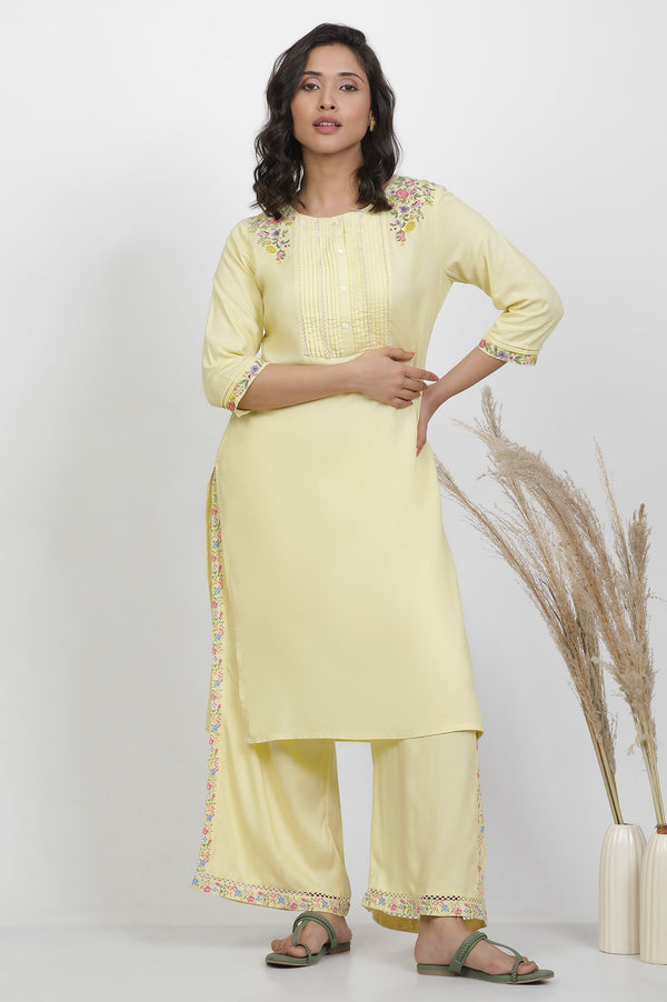 Yellow Solid Thread Embroidered Rayon Straight Kurta and Pants Co-Ord Set
