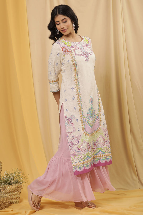 White Printed Pure Cotton Straight Kurta And Sharara Set