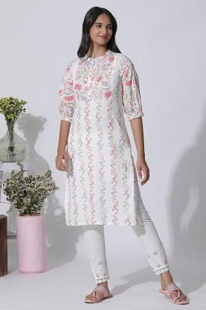 White Floral Printed Straight Cotton Kurta And Pants Set