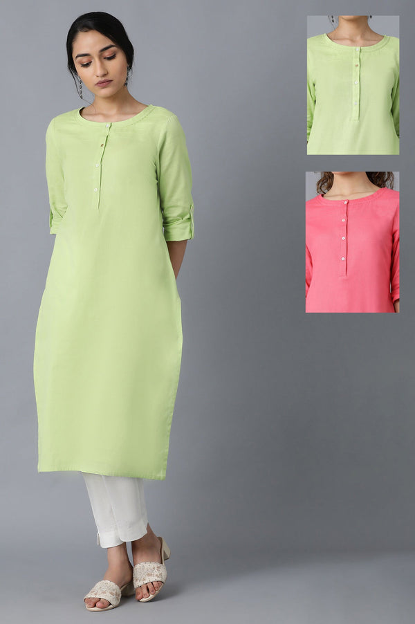 Green And Pink Solid Thread Work Straight Kurta Combo